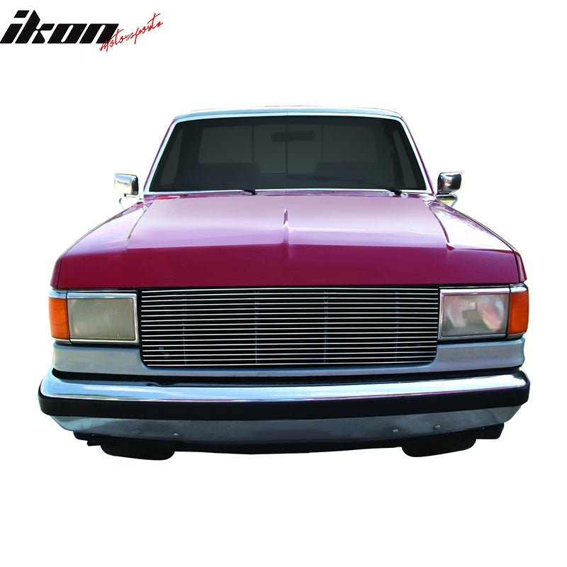 IKON MOTORSPORTS, Front Grille Compatible With 1987-1991 Ford Bronco & F150, Front Bumper Upper Hood Grille Insert Assembly Replacement Aluminum Polished Silver Cutout Style