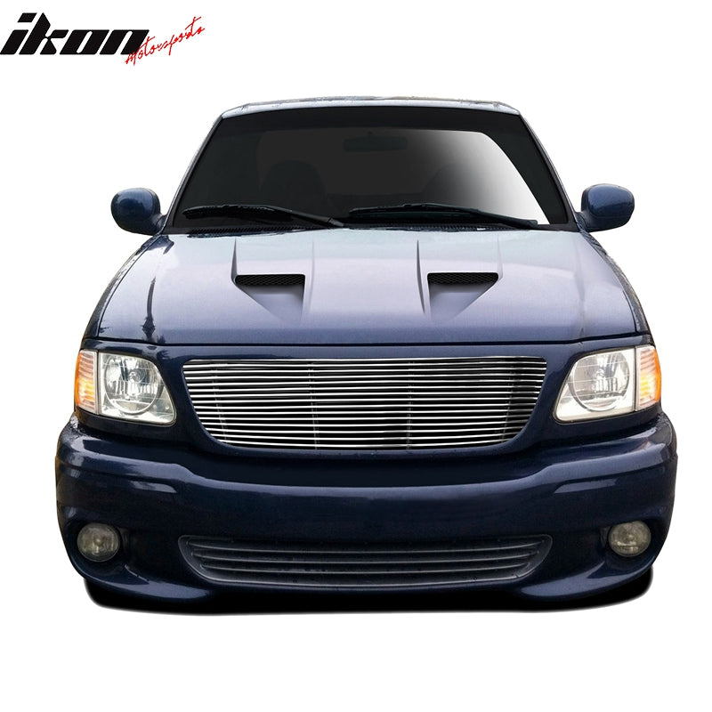 IKON MOTORSPORTS, Front Grille Compatible With 1997-1998 Ford F150, Front Bumper Upper Hood Grille Insert Assembly Replacement Aluminum Polished Silver Horizontal Cutout Style