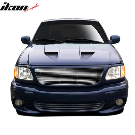 IKON MOTORSPORTS, Front Grille Compatible With 1997-1998 Ford F150, Front Bumper Upper Hood Grille Insert Assembly Replacement Aluminum Polished Silver Horizontal Cutout Style