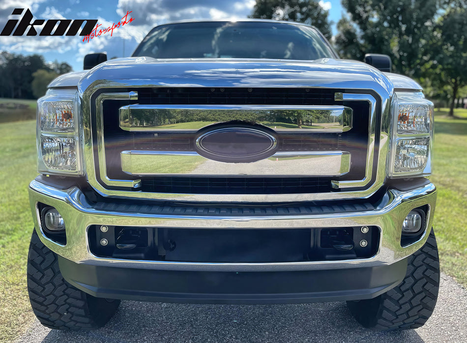 IKON MOTORSPORTS, Front Bumepr Grille Compatible With 2011-2016 Ford F-250 Super Duty, OE Style ABS Plastic Chrome Front Bumper Upper Hood Grille Insert Assembly Replacement Set of 5PCS