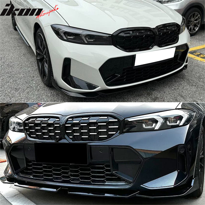 IKON MOTORSPORTS Front Bumper Lip, Compatible with 2023-2024 BMW G20 3-Series LCI and M340i, MP Style Gloss Black Air Dam Chin Spoiler Protector Splitter 2PCS