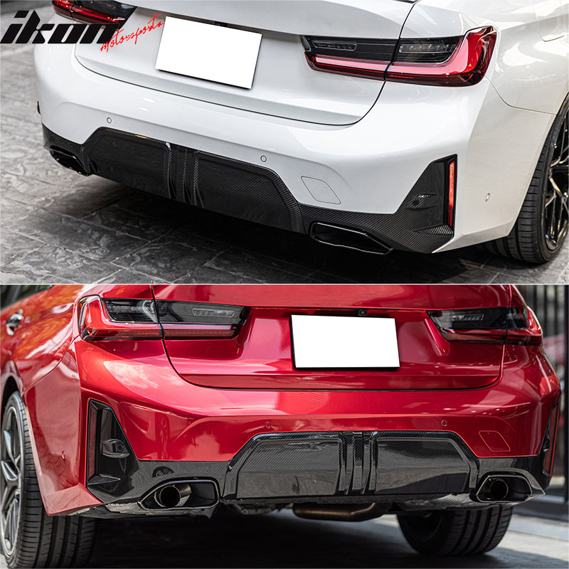 IKON MOTORSPORTS Rear Diffuser, Compatible with 2023-2024 BMW G20 3-Series LCI M340i,  M-Performance Style Gloss Black Shark Fin Rear Bumper Valance Spoiler, Air Dam Chin Splitter Molding 3PCS