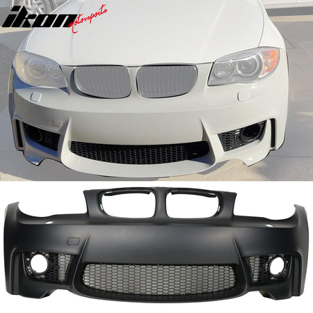 IKON MOTORSPORTS, Front Bumper Cover Compatible With 2007-2013 BMW E82 E87, 1M Style Front Bumper Conversion Guard PP Black