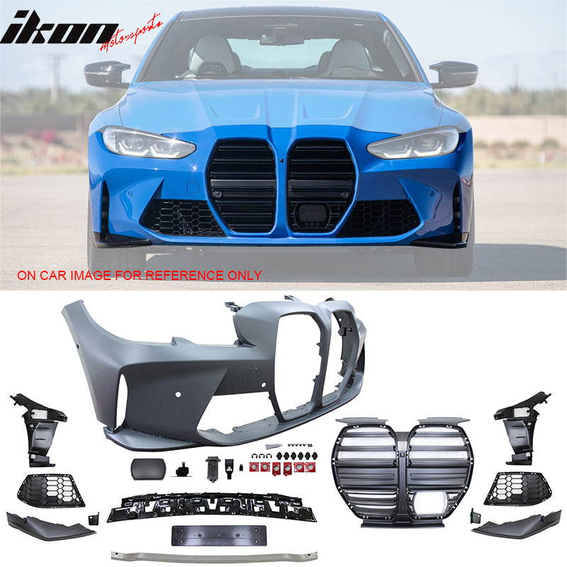 IKON MOTORSPORTS, Front + Rear Bumper Cover + Side Skirts Compatible With 2019-2023 BMW 3 Series G20 Sedan 4-Door, Unpainted M3 Style Rear Bumper Conversion Round Tips Outlet Diffuser Set