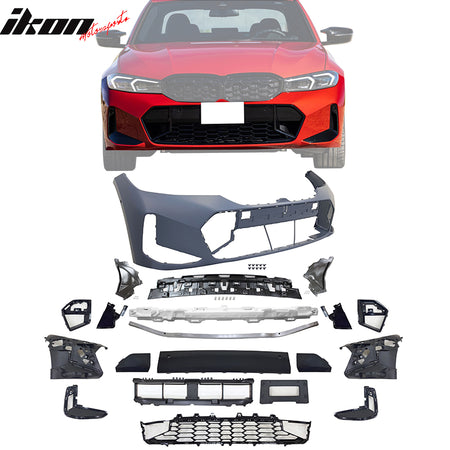 IKON MOTORSPORTS, Front + Rear Bumper Cover + Side Skirts w/ Light Compatible With 2023 BMW G20 3-Series LCI M340i, M-Sport Style Black Bumper Conversion Guard & M-Tech Style Rocker Panel Extension