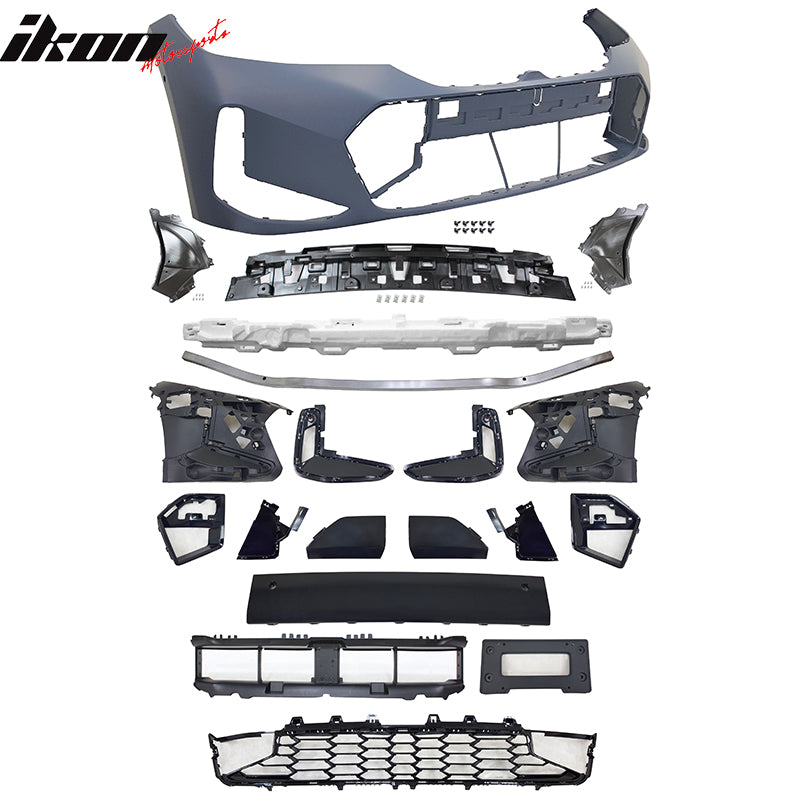 IKON MOTORSPORTS, Front Bumper Cover Compatible With 2023-2024 BMW G20 3-Series LCI and M340i, M-Sport Style Black Front Bumper Conversion Guard w/ Park Assist & Park Sensor Hole, No ACC