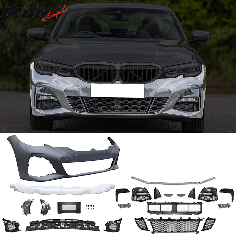 IKON MOTORSPORTS, Front/Rear Bumper Cover + Side Skirts W/Ambient Light W/ Fog Light Lamp Sensor Holes No ACC Compatible With 2019-2022 BMW G20 Sedan 4-Door, M-Tech Unpainted Front Bumper Conversion