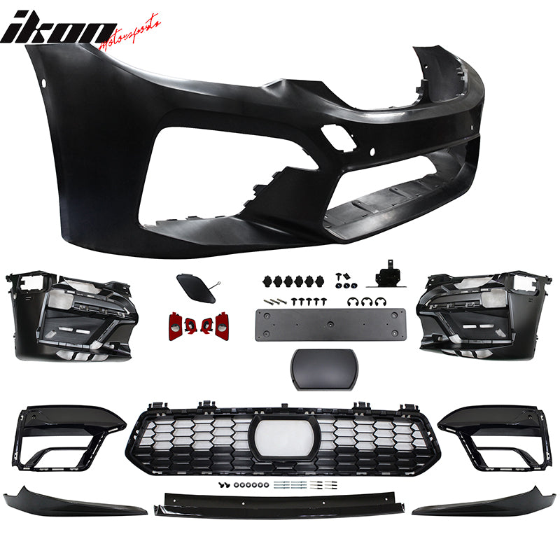 IKON MOTORSPORTS, Front Bumper Cover Compatible With 2017-2020 BMW G30 G31 5 Series, Unpainted CS Style Front Bumper Conversion With Sensor Holes Park Asst ACC Cover & Front Lip Spoiler 3PCS