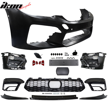 IKON MOTORSPORTS, Front Bumper Cover Compatible With 2017-2020 BMW G30 G31 5 Series, Unpainted CS Style Front Bumper Conversion With Sensor Holes Park Asst ACC Cover & Front Lip Spoiler 3PCS