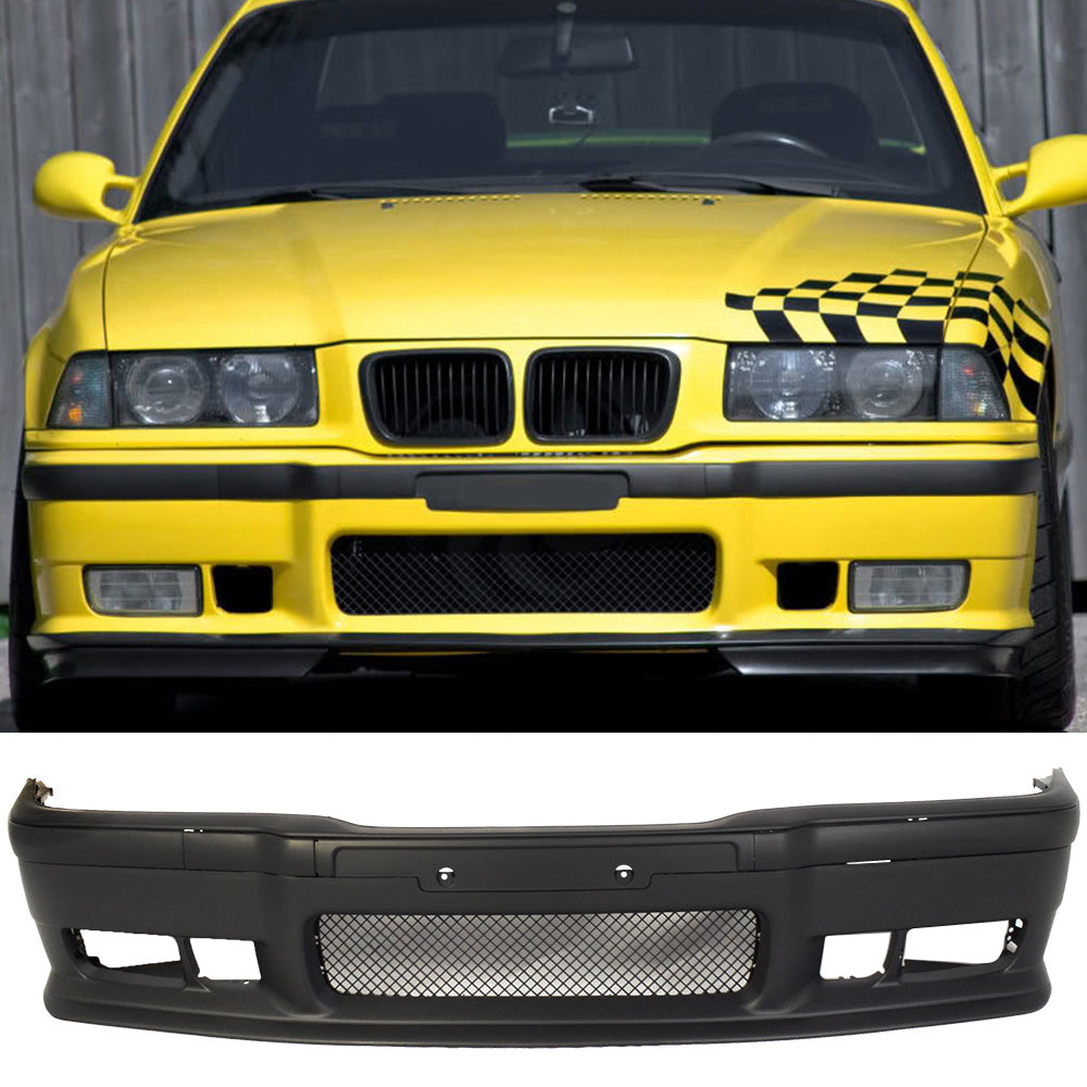 Front Bumper Compatible With 1992-1998 BMW E36 3-Series, Unpainted Black Bumper Cover Conversion Factory Body Kit Replacement With Grille by IKON MOTORSPORTS, 1993 1994 1995 1996 1997