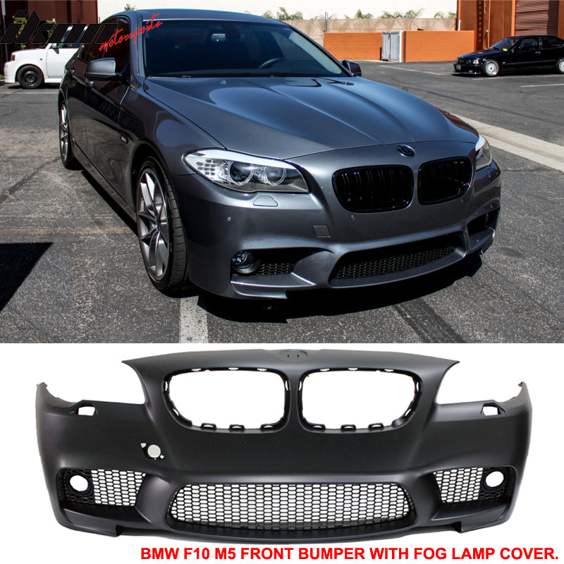 Front Bumper With Fog Lights And Covers Compatible With 2011-2016 BMW 5-Series F10, 4Dr M5 Style Front Bumper Fog Conversion PP Polypropylene by IKON MOTORSPORTS, 2012 2013 2014 2015