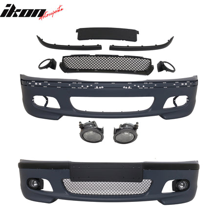 Front Bumper Cover Compatible With 1999-2005 BMW E46 3 Series, M Tech M Sport 4DR Sedan PP Unpainted Front Bumper Conversion With Fog Lights by IKON MOTORSPORTS, 2000 2001 2002 2003 2004