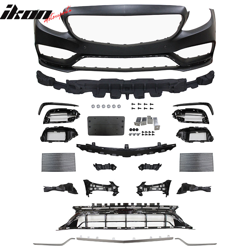 IKON MOTORSPORTS, Full Kits Compatible With 2015-2019 Benz C- Class W205, C63 AMG Style PP Front Rear Bumper Conversion Muffler Tips Guard Cover Side Extension