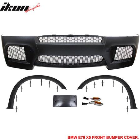 Front Bumper Cover Compatible With 2010-2013 BMW E70, X5M Style PP Front Bumper Conversion Lower Upper Grille Fender Flare by IKON MOTORSPORTS, 2011 2012