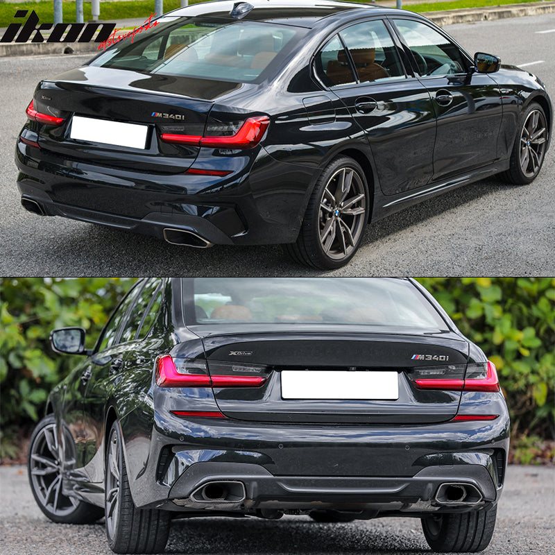 IKON MOTORSPORTS, Rear Bumper Cover Compatible With 2019-2022 BMW 3 Series G20 Sedan 4-Door With Sensor Holes, M340 Style Unpainted Black Rear Bumper Conversion Guard 51128099904 51128099905, 2020