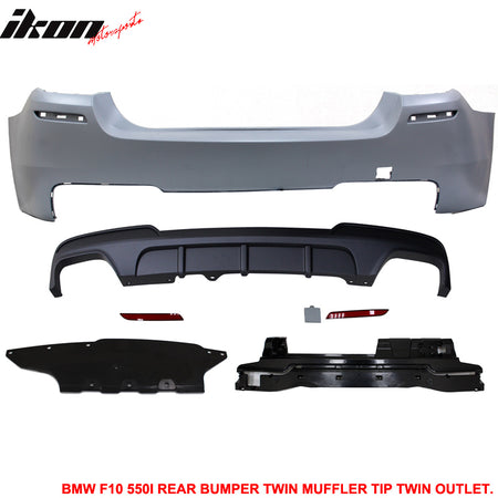 Rear Bumper Cover Compatible With 2011-2016 F10, 5 Series M-Performance Rear Bumper Cover Twin Muffler Dual Outlet PP by IKON MOTORSPORTS, 2012 2013 2014 2015