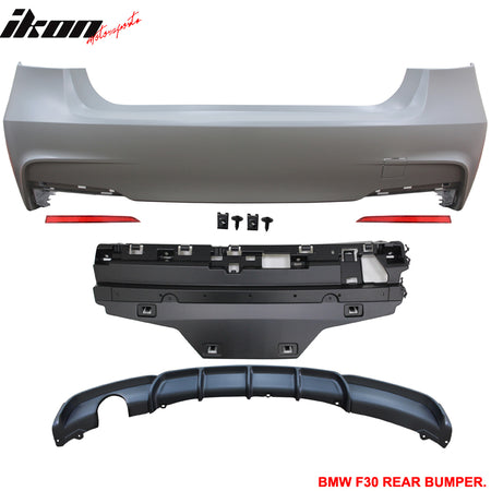 Rear Bumper Cover Compatible With 2012-2018 F30, 320i M Performance Rear Bumper Conversion Guard Single Muffler Outlet PP by IKON MOTORSPORTS, 2013 2014 2015