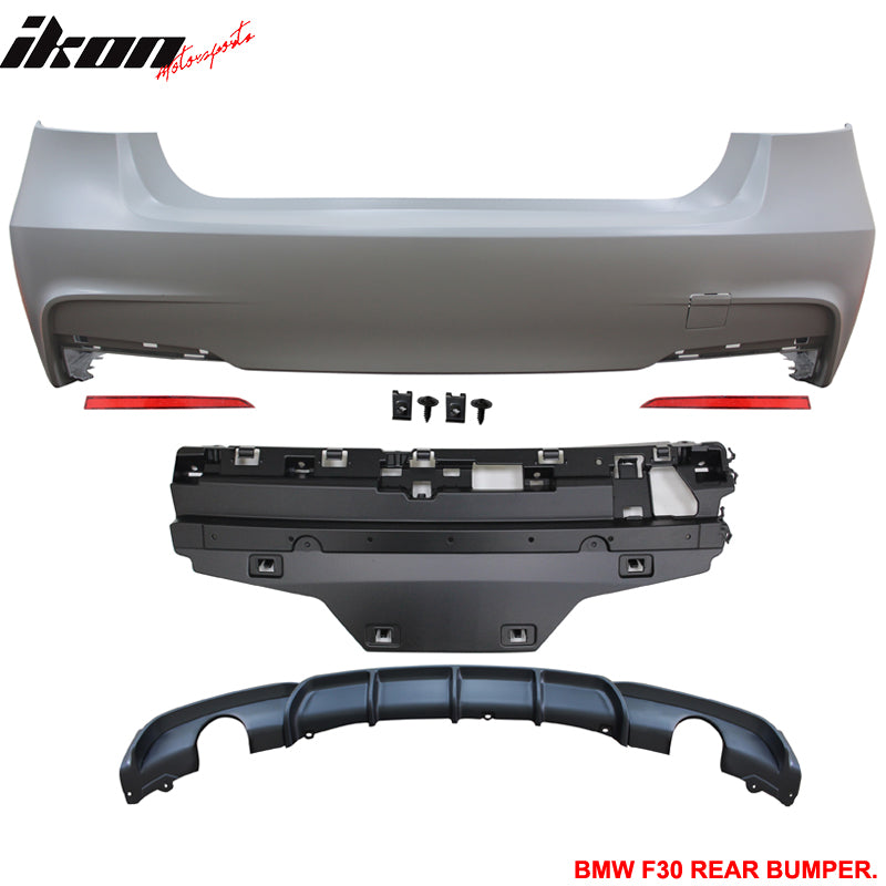 Rear Bumper Cover Compatible With 2012-2018 F30, 335i M Performance Rear Bumper Conversion Single Muffler Twin Outlet PP by IKON MOTORSPORTS, 2013 2014 2015