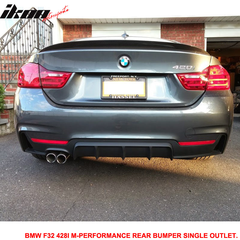 IKON MOTORSPORTS, Rear Bumper Cover Compatible With 2014-2020 BMW F32 F33 F36 428I, M-Performance Style PP Black Added On Bodykit