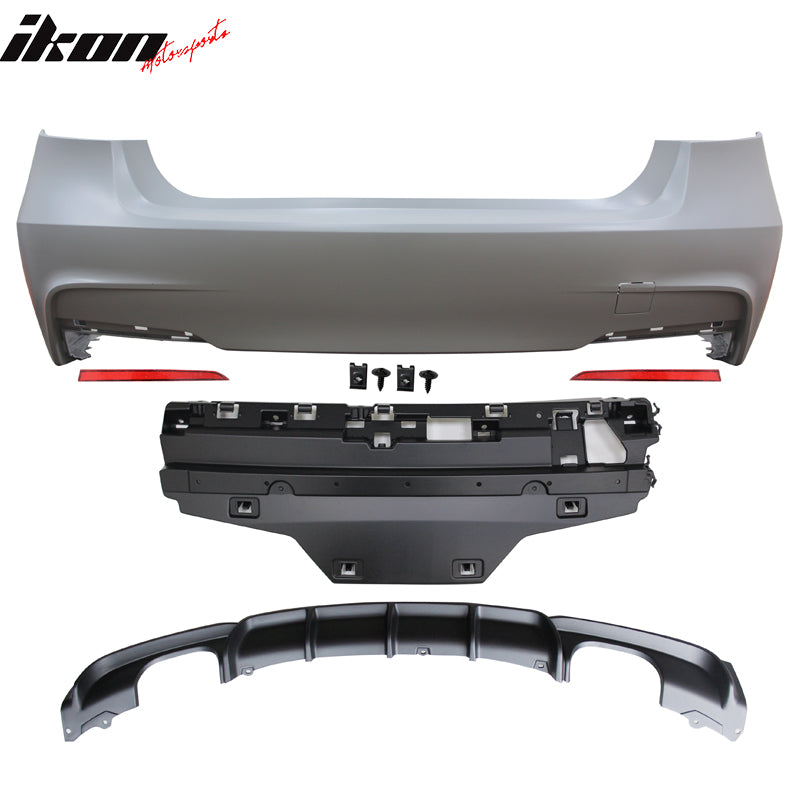 Rear Bumper Cover Compatible With 2012-2018 BMW F30, 3 Series MP Style Rear Bumper Conversion Diffuser Twin Muffler Twin Outlet by IKON MOTORSPORTS, 2013 2014 2015 2016