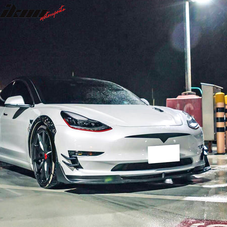 Fits 17-23 Tesla Model 3 V Style Front Bumper Lip Spoiler Kit Unpainted PP 5PCS