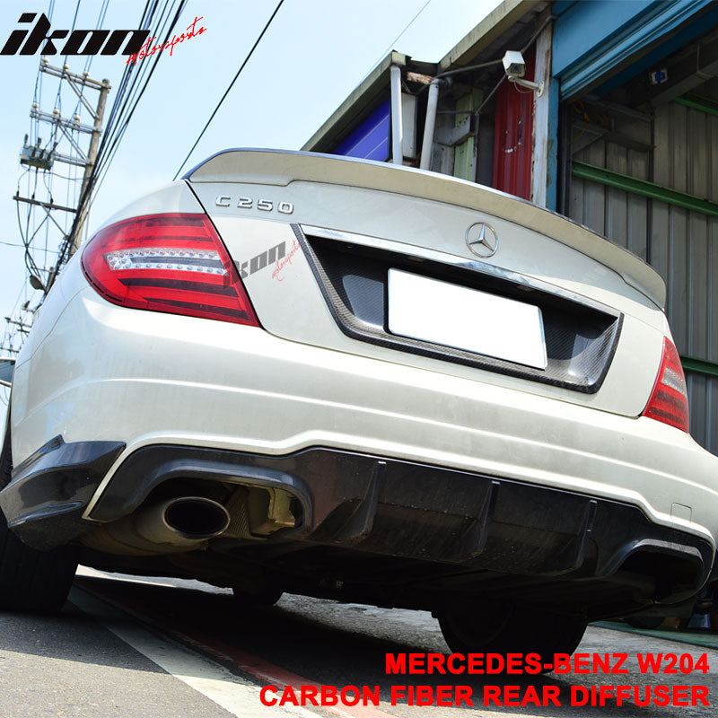 IKON MOTORSPORTS, Rear Diffuser Compatible With 2012-2014 Mercedes Benz W204 C Class Sedan AMG Sport Bumper , Matte Carbon Fiber Rear Bumper Lip Spoiler Wing, 2013