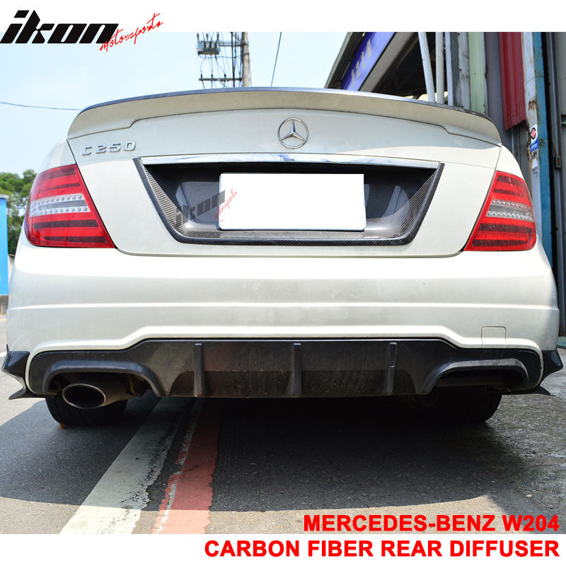 IKON MOTORSPORTS, Rear Diffuser Compatible With 2012-2014 Mercedes Benz W204 C Class Sedan AMG Sport Bumper , Matte Carbon Fiber Rear Bumper Lip Spoiler Wing, 2013