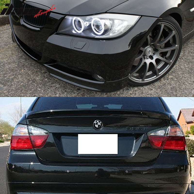 Pre-painted Trunk Spoiler & Front Lip Compatible With 2006-2008 BMW 3 Series E90 Sedan Factory Type Bumper, Factory Style ABS #668 Jet BlackRear Deck Lip Wing by IKON MOTORSPORTS, 2007