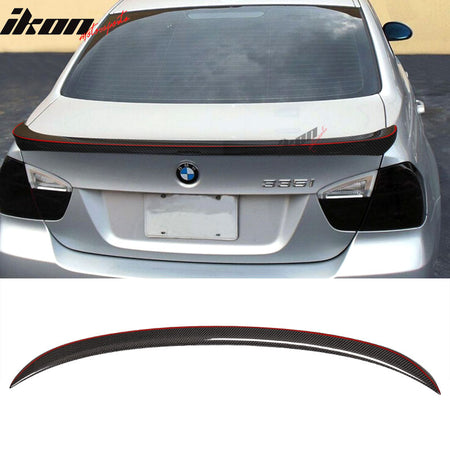 IKON MOTORSPORTS, Trunk Spoiler Compatible With 2005-2011 BMW 3-Series E90 4Dr Sedan , Matte Carbon Fiber Factory Style Rear Spoiler Wing, 2006 2007 2008 2009 2010