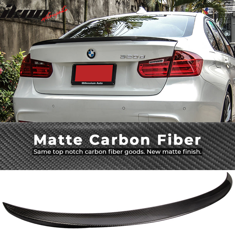 IKON MOTORSPORTS, Trunk Spoiler Compatible With 2012-2018 BMW 3-Series F30 Sedan , Matte Carbon Fiber Factory Style Rear Spoiler Wing, 2013 2014 2015 2016 2017