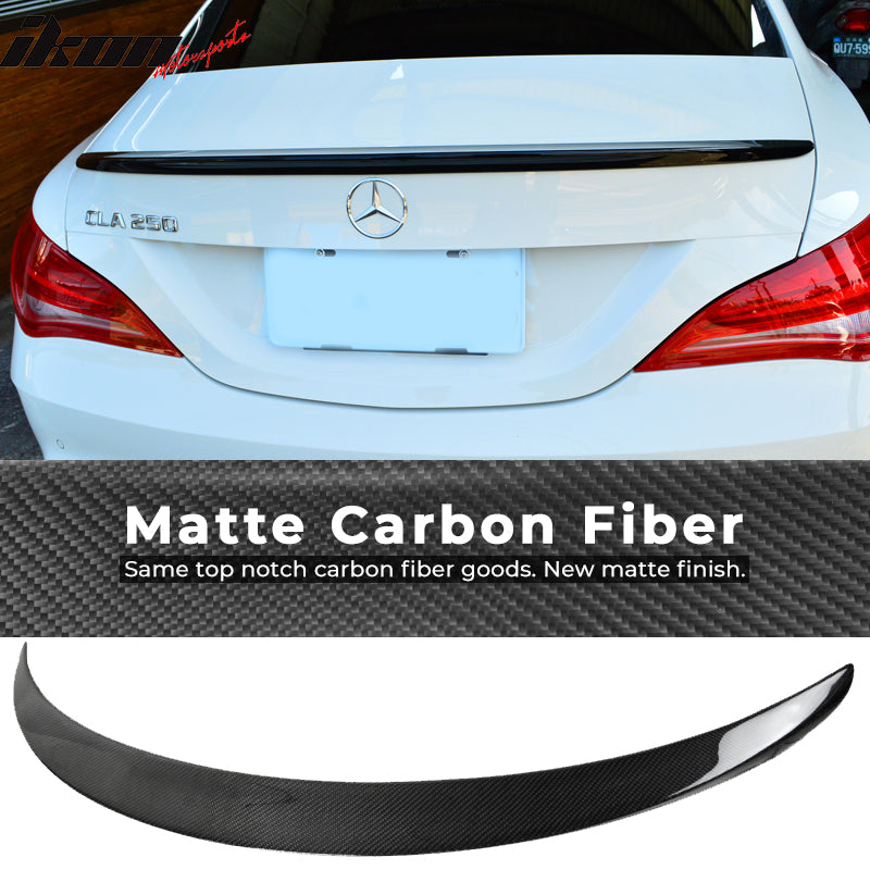 IKON MOTORSPORTS, Trunk Spoiler Compatible With 2014-2018 Mercedes Benz W117 CLA Class Sedan , Matte Carbon Fiber Factory Style Rear Spoiler Wing, 2015 2016 2017