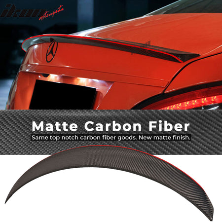 IKON MOTORSPORTS, Trunk Spoiler Compatible With 2013-2018 Mercedes-Benz W117 CLA Class Sedan , Matte Carbon Fiber P Style Rear Spoiler Wing, 2014 2015 2016 2017