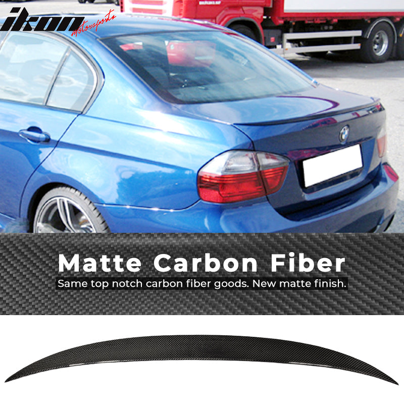 IKON MOTORSPORTS, Trunk Spoiler Compatible With 2005-2011 BMW 3-Series E90 Sedan , Matte Carbon Fiber Performance2 Style Rear Spoiler Wing, 2006 2007 2008 2009 2010