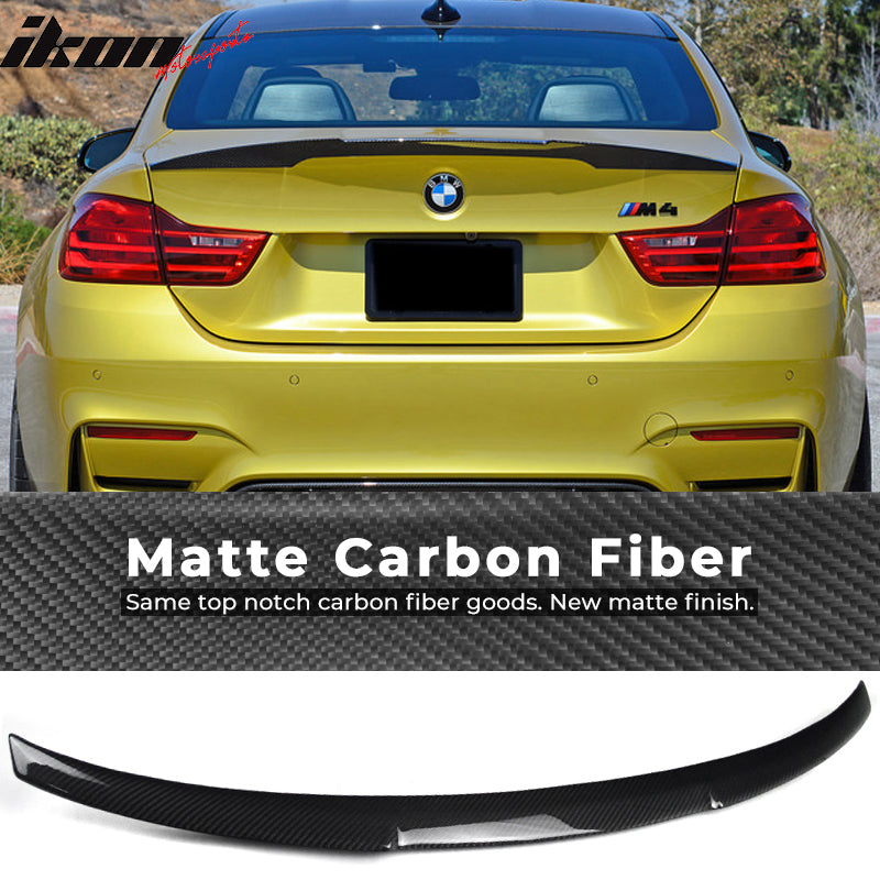 IKON MOTORSPORTS, Trunk Spoiler Compatible With 2015-2020 BMW F82 M4 , Matte Carbon Fiber P Style Rear Spoiler Wing, 2016 2017 2018 2019