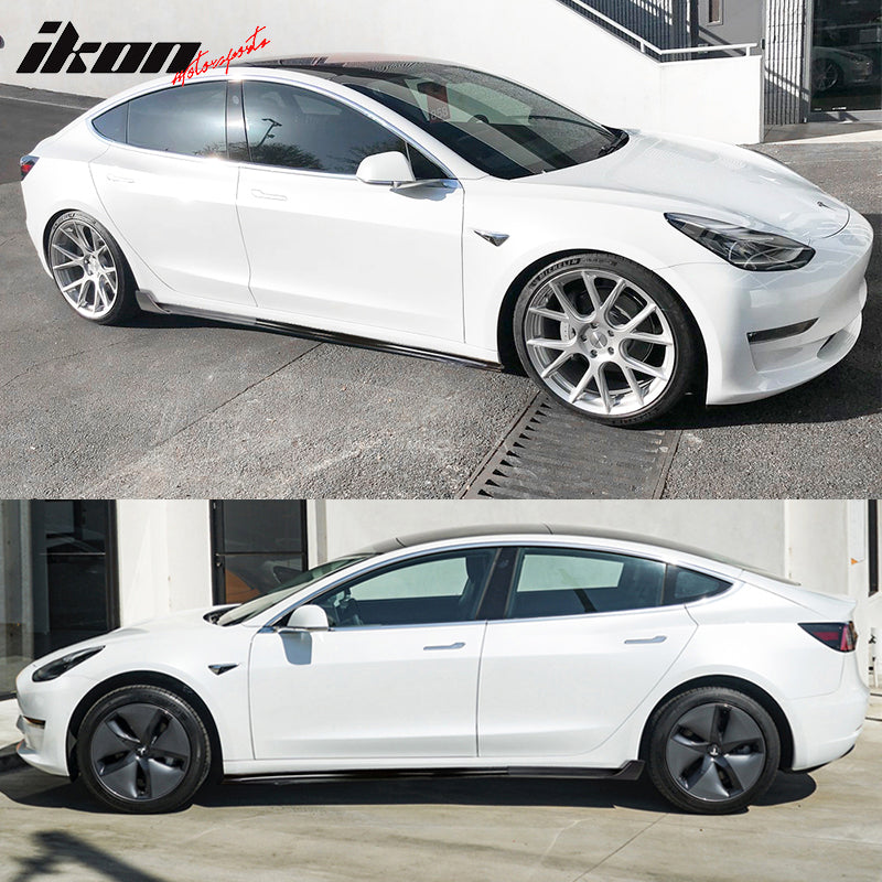 IKON MOTORSPORTS, Side Skirts Extension Compatible With 2017-2023 Tesla Model 3, V Style Unpainted Black Rocker Panel Driver Passenger Side 6PC PP, 2018 2019 2020