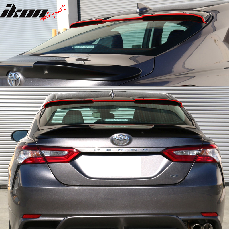 IKON MOTORSPORTS Roof Spoiler, Compatible With 2018-2025 Toyota Camry, V2 Style Gloss Black & Red lip ABS Top Roofline Windshield Visor Spoiler Wing