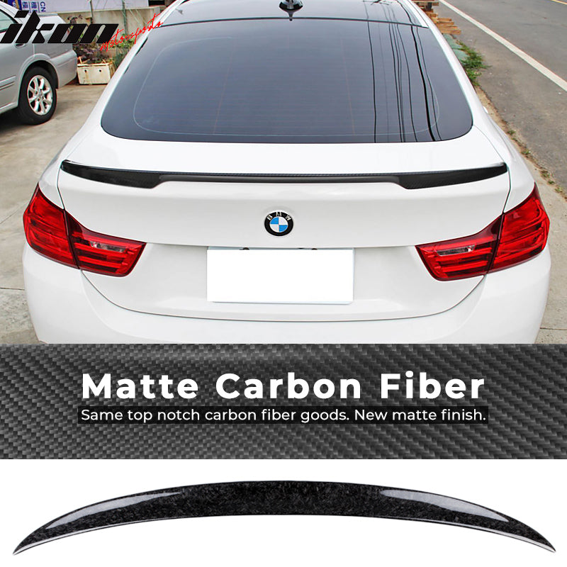 IKON MOTORSPORTS, Trunk Spoiler Compatible With 2015-2020 BMW F36 4 Series Gran Coupe , Matte Forged Carbon Fiber V Style Rear Spoiler Wing, 2016 2017 2018 2019