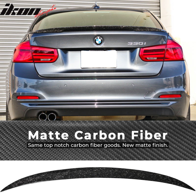 IKON MOTORSPORTS, Trunk Spoiler Compatible With 2012-2019 BMW F30 F80 , Matte Forged Carbon Fiber P Style Rear Spoiler Wing, 2013 2014 2015 2016 2017 2018