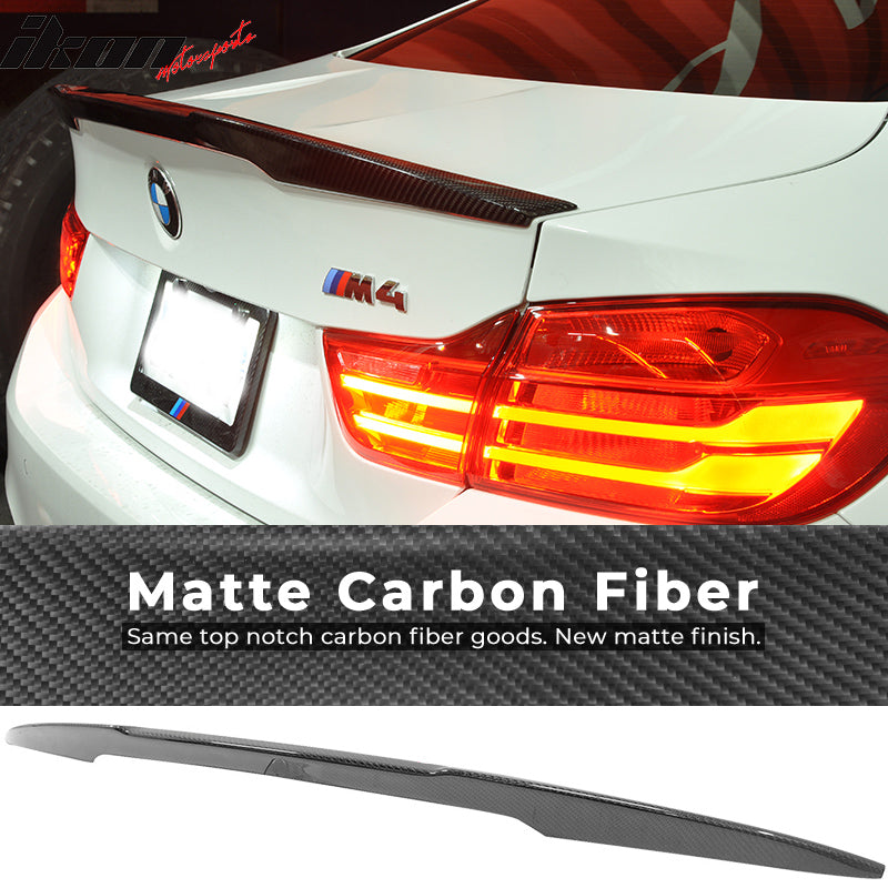 IKON MOTORSPORTS, Trunk Spoiler Compatible With 2015-2020 BMW F82 M4 , Matte Carbon Fiber P Style Rear Spoiler Wing, 2016 2017 2018 2019