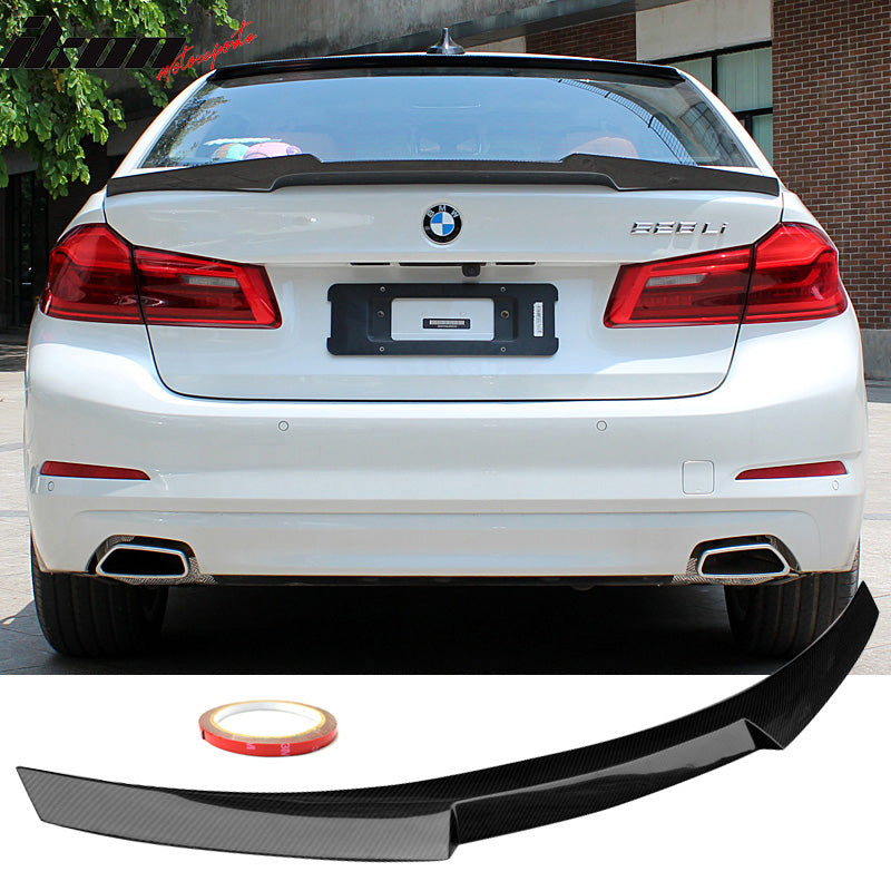 IKON MOTORSPORTS, Trunk Spoiler Compatible With 2017-2023 BMW 5-Series G30 , Matte Carbon Fiber M4 Style Rear Spoiler Wing, 2018 2019