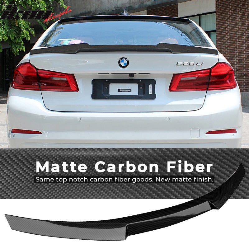 IKON MOTORSPORTS, Trunk Spoiler Compatible With 2017-2023 BMW 5-Series G30 , Matte Carbon Fiber M4 Style Rear Spoiler Wing, 2018 2019