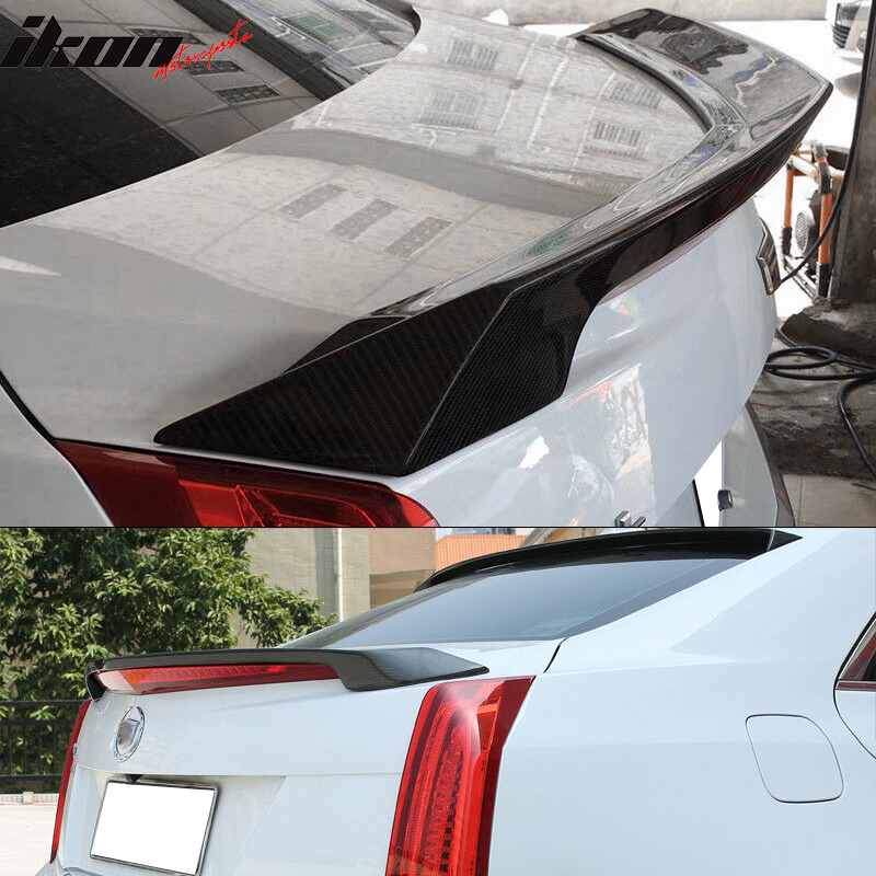 IKON MOTORSPORTS, Trunk Spoiler Compatible With 2016-2019 Cadillac ATS-V 4-Door Sedan , Matte Forged Carbon Fiber V Style Rear Spoiler Wing, 2017 2018