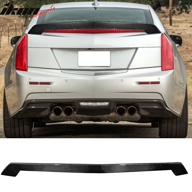 IKON MOTORSPORTS, Trunk Spoiler Compatible With 2016-2019 Cadillac ATS-V 4-Door Sedan , Matte Carbon Fiber V Style Rear Spoiler Wing, 2017 2018