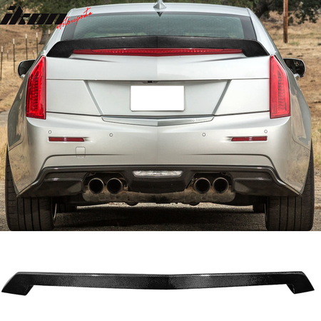 IKON MOTORSPORTS, Trunk Spoiler Compatible With 2016-2019 Cadillac ATS-V 4-Door Sedan , Matte Carbon Fiber V Style Rear Spoiler Wing, 2017 2018