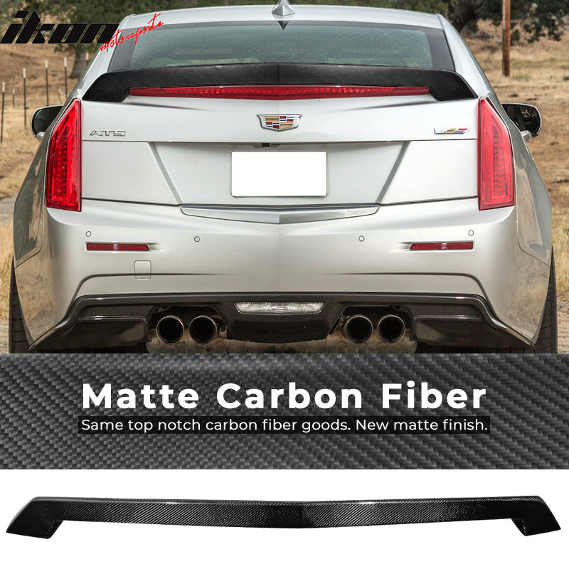 IKON MOTORSPORTS, Trunk Spoiler Compatible With 2016-2019 Cadillac ATS-V 4-Door Sedan , Matte Carbon Fiber V Style Rear Spoiler Wing, 2017 2018