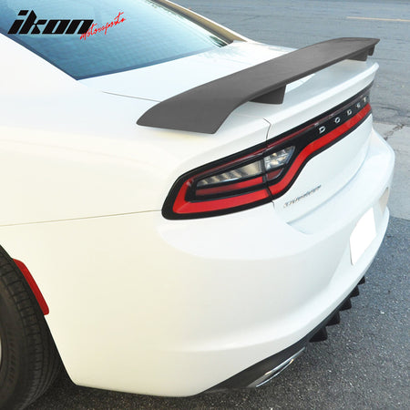 IKON MOTORSPORTS, Trunk Spoiler Compatible With 2011-2023 Dodge Charger, Primer Matte Black ABS Rear Tail Wing Boot Lid