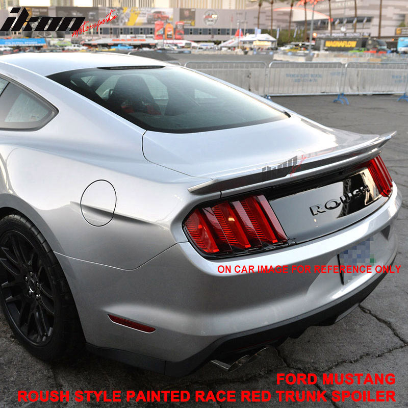 IKON MOTORSPORTS, Rear Trunk Spoiler Compatible With 2015-2023 Ford Mustang Coupe, Trunk Spoiler Wing Lip ABS Roush Style Painted #PQ - Race Red, 2016 2017 2018 2019 2020