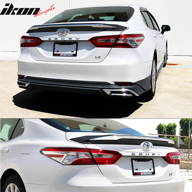 Trunk Spoiler Compatible With 2018-2024 Toyota Camry, LE MD Style Tail Trunk Boot Lip Spoiler Gloss Black With Chrome Trim By IKON MOTORSPORTS