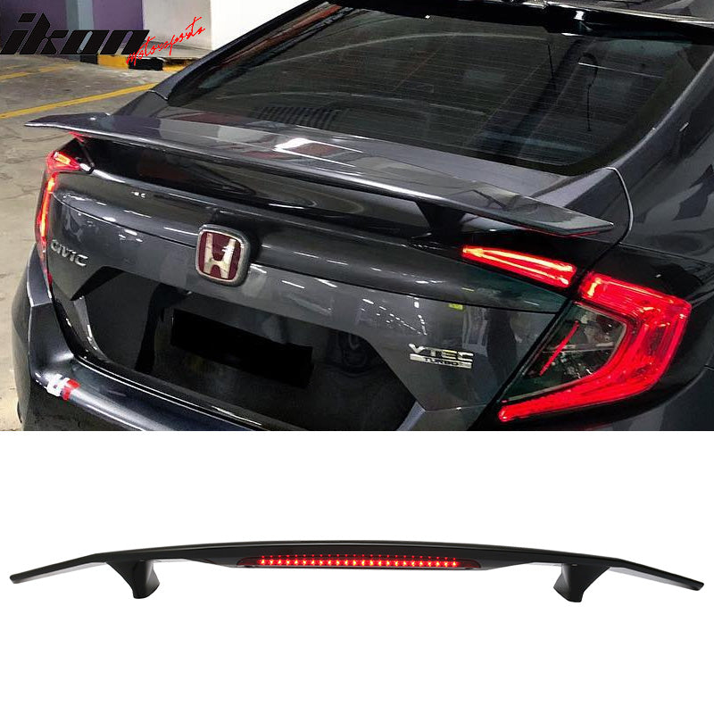 2016-21 Honda Civic Gloss Black LED 3RD Brake Light Rear Spoiler Wing