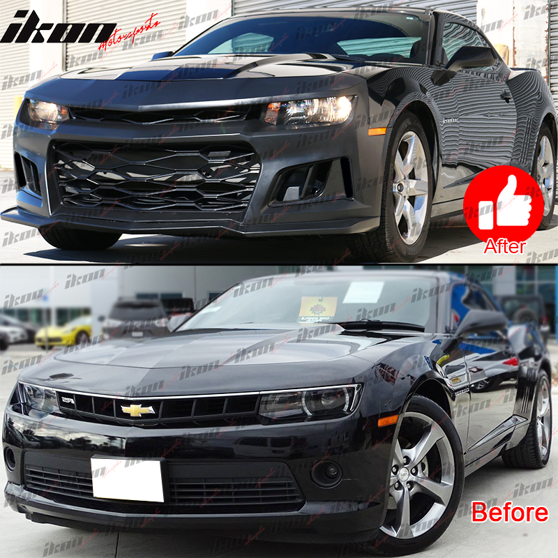 Front Bumper Cover & Fog Lights Compatible With 2014-2015 Chevy Camaro, ZL1 Style Black PP Front Lip Spoiler Bumper Replacement by IKON MOTORSPORTS